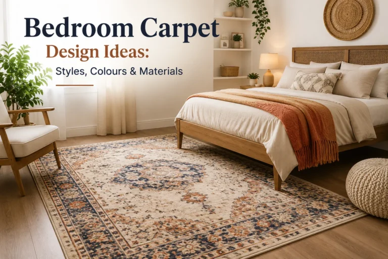 Bedroom carpet design ideas featuring a vintage-style patterned area rug in cream, navy, and terracotta tones in a cozy modern bedroom