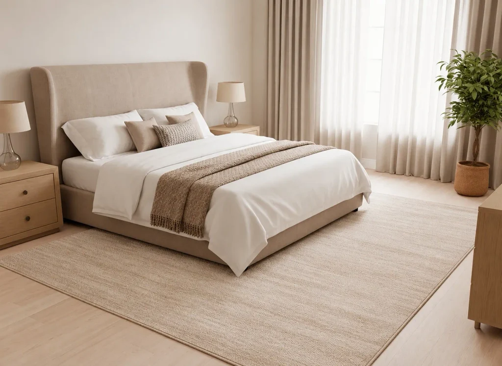 Minimalist bedroom with a neutral beige carpet beneath the bed.