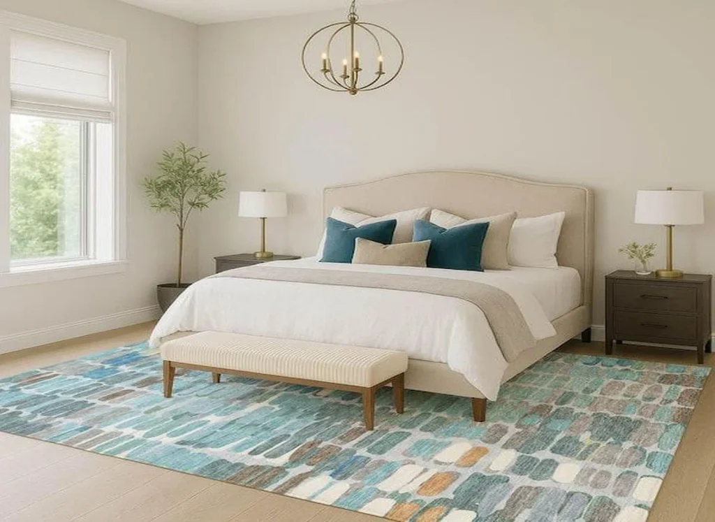 Modern bedroom with a white upholstered bed, teal accent pillows, and a turquoise and beige patterned area rug
