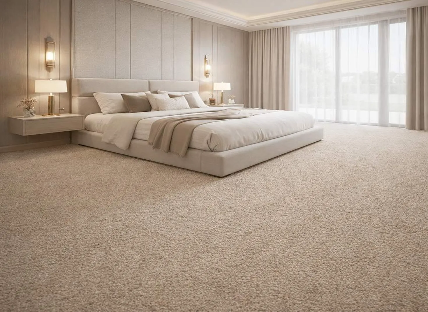 Luxury modern bedroom with beige carpet, upholstered bed, neutral bedding, and floor-to-ceiling windows.