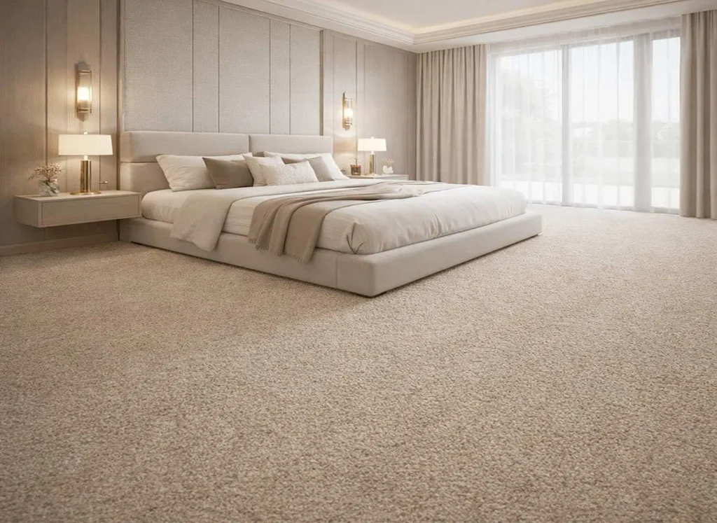 Modern bedroom with a white upholstered bed, teal accent pillows, and a turquoise and beige patterned area rug.