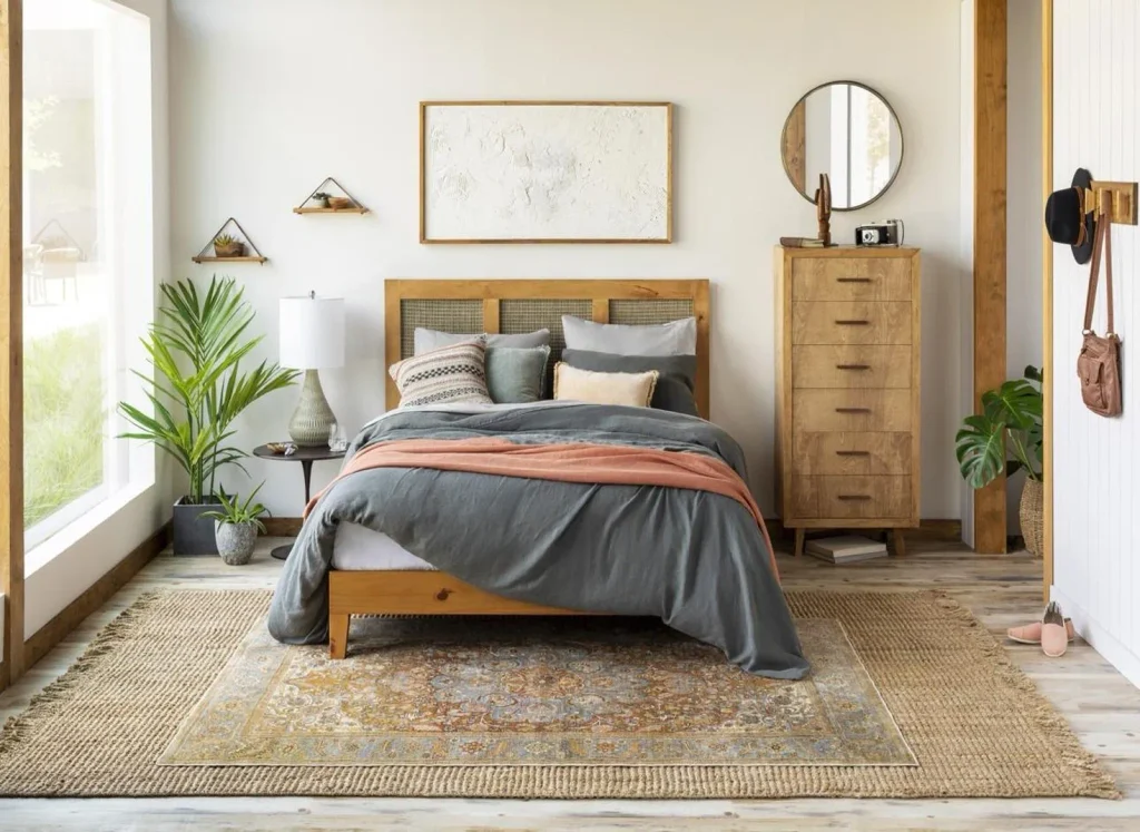 Modern bedroom with a wooden bed, gray bedding, decorative area rugs, natural wood furniture, and indoor plants.