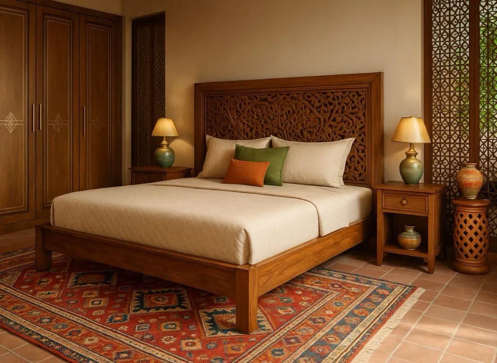 Luxury traditional bedroom featuring an intricately carved wooden bed, beige bedding, decorative wooden furniture, and a colorful Persian-style rug.